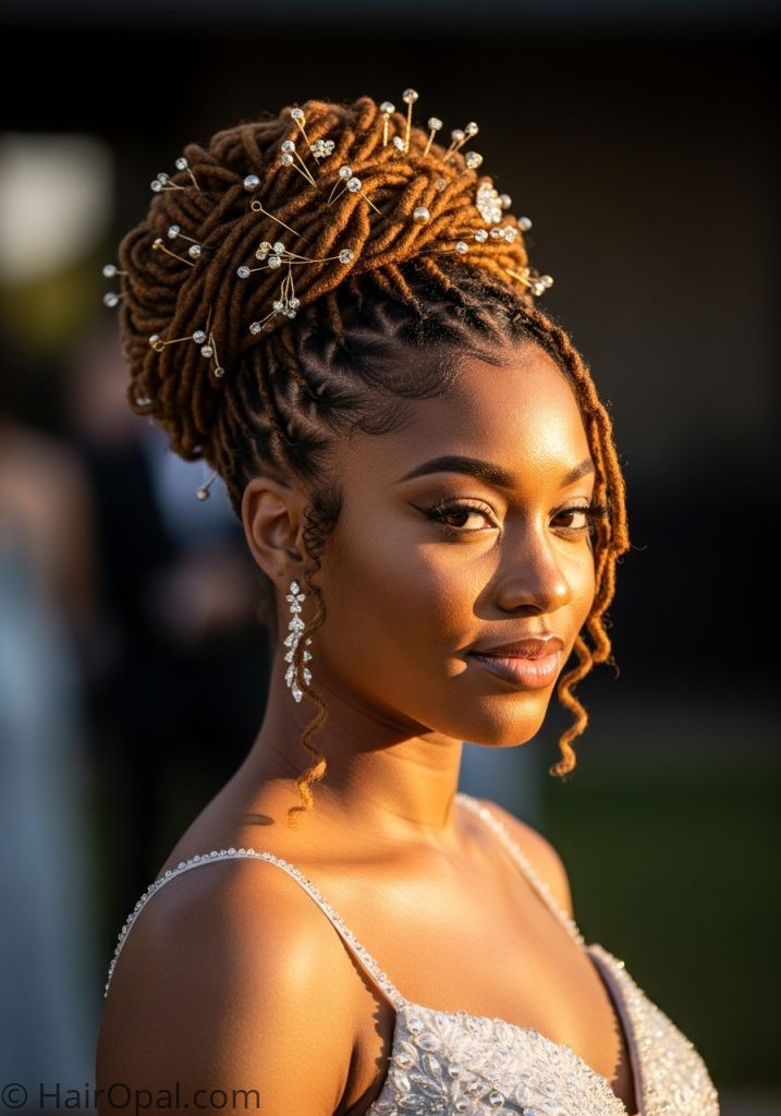 Black young woman with loc updo gold crystal pins prom hairstyles for black women locs elegant updos
