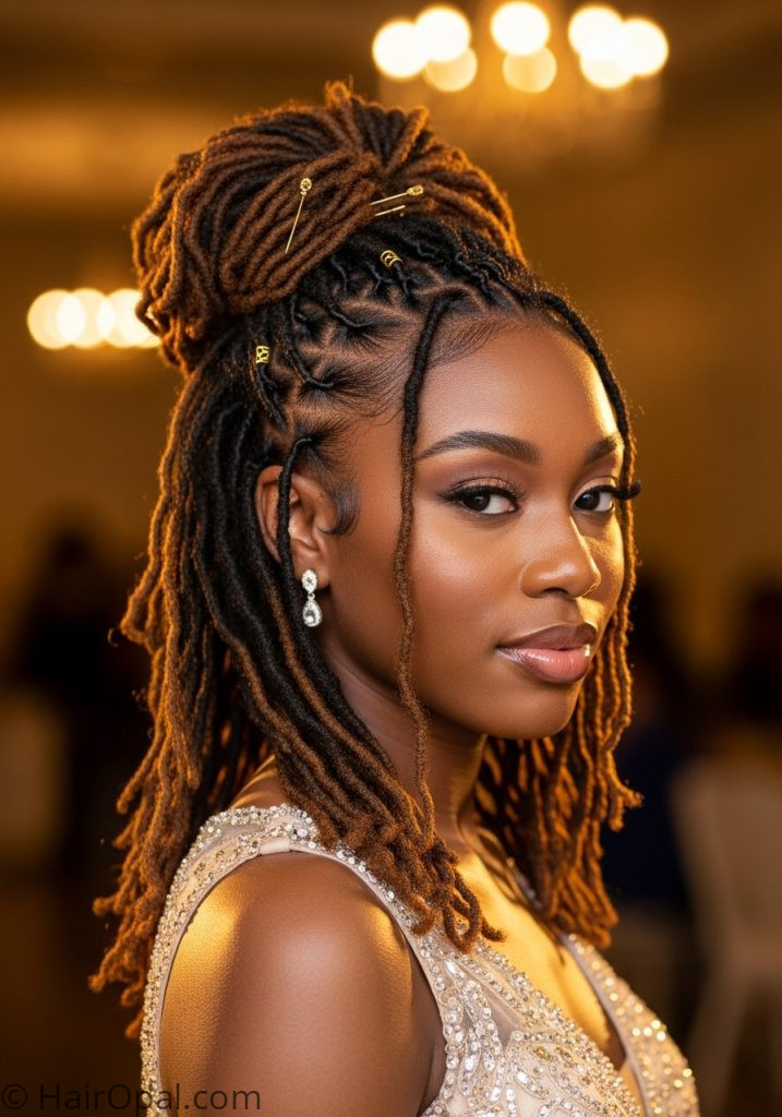 Black young woman with locs half up gold pins prom hairstyles for black women locs half up elegant