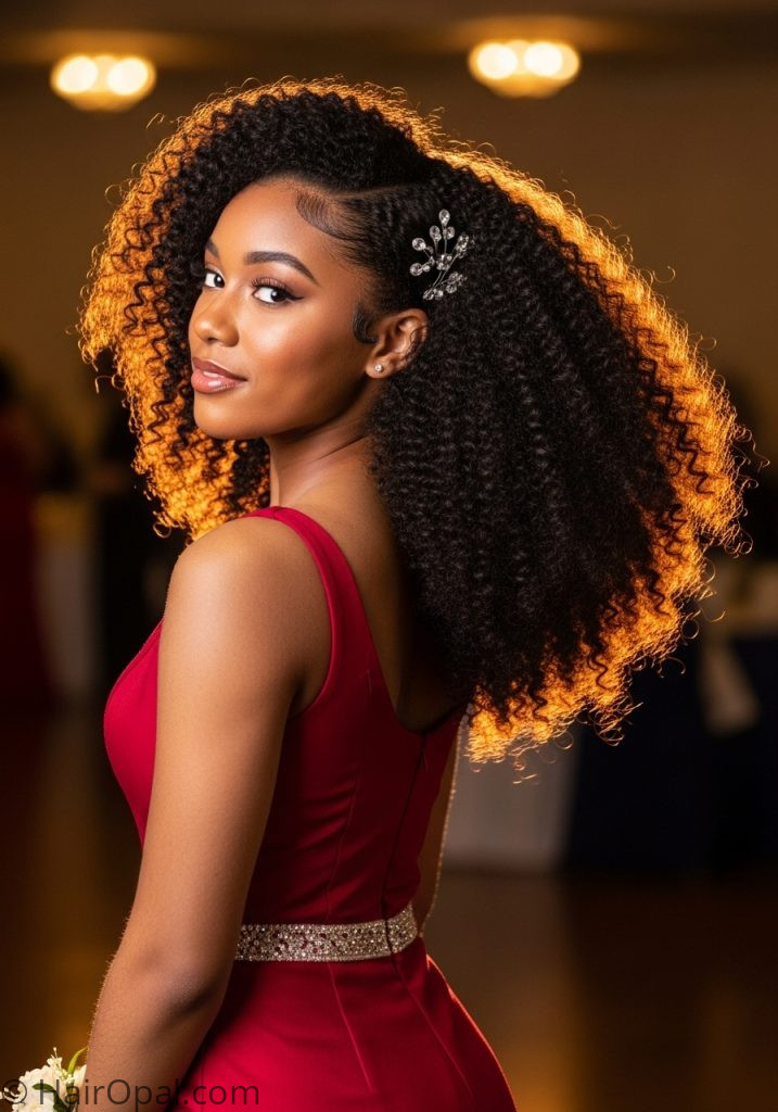 Black young woman with natural curls down crystal pins prom hairstyles for black women natural curly classy down