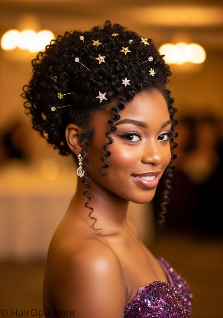 Black young woman with natural hair updo gold pins prom hairstyles for black women updos natural classy