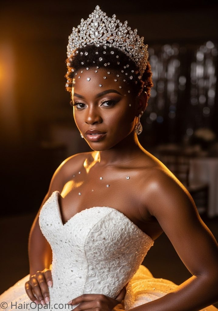 Black young woman with short natural hair jeweled crown prom hairstyles for black women short natural simple