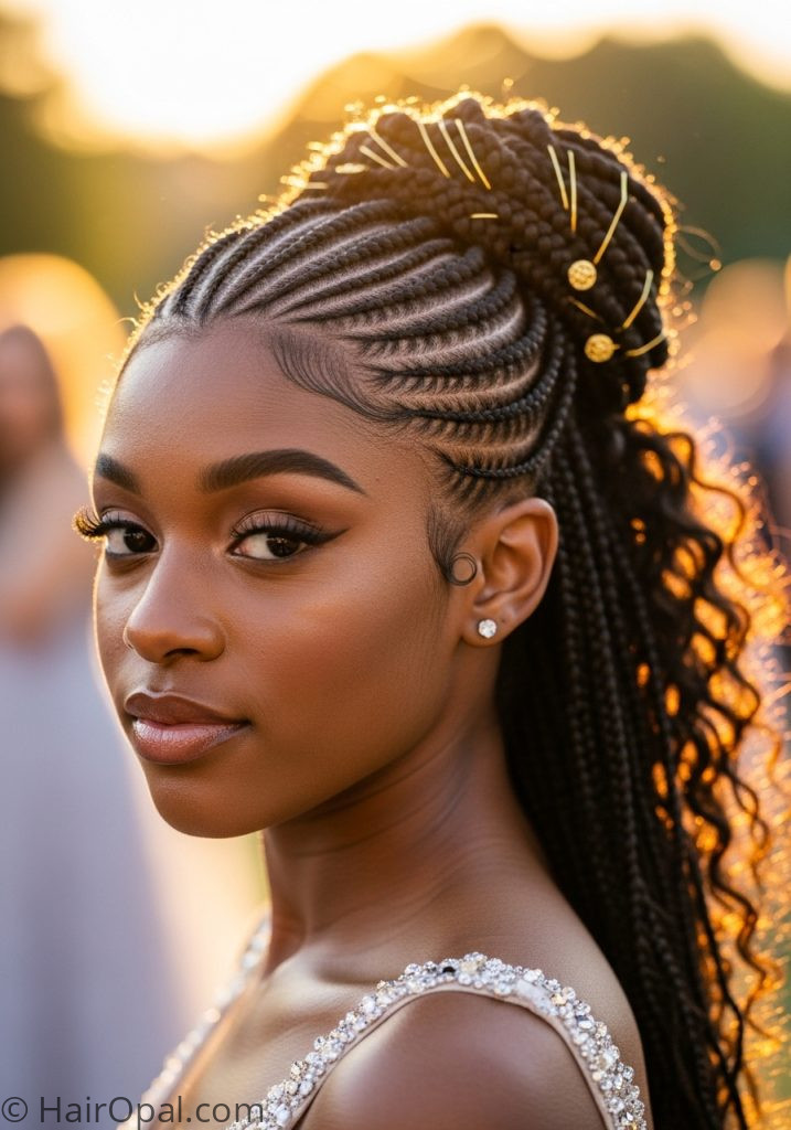Black young woman with braided half up prom hairstyles half up half down black braid curly