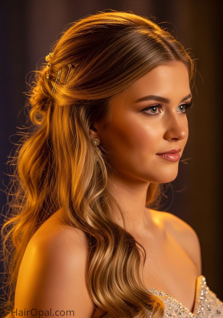 Young woman with blonde half up loose waves prom hairstyles half up half down blonde long easy