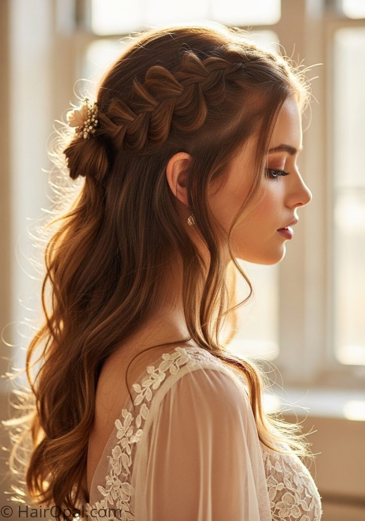 Young woman with boho braided half up prom hairstyles half up half down braid long easy simple