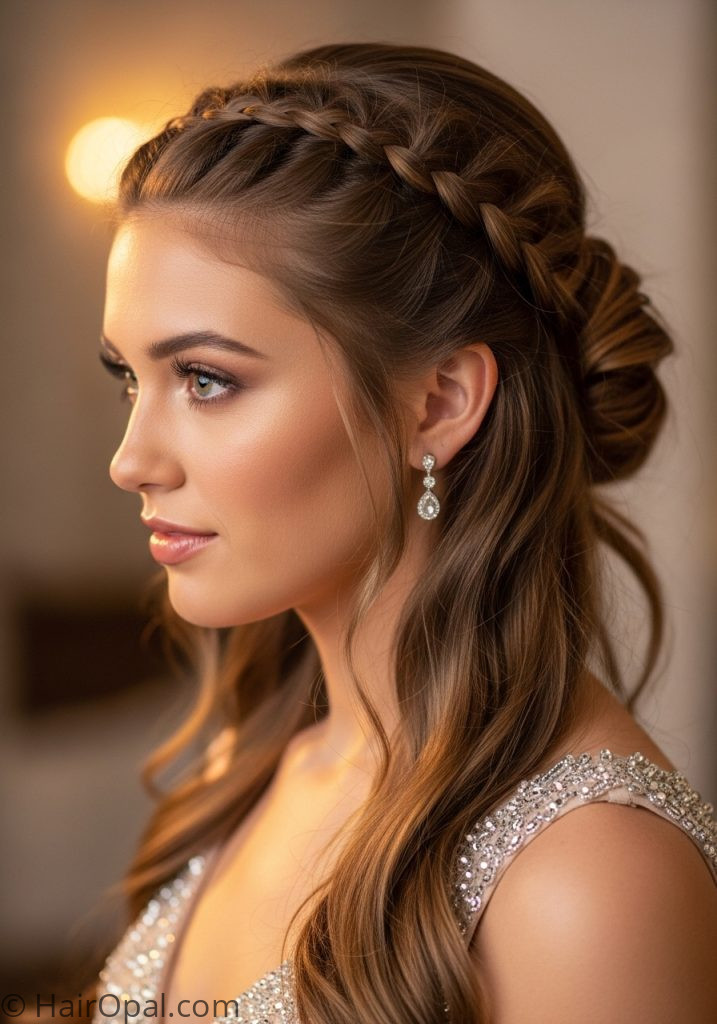 Young woman with braided half up prom hairstyles half up half down braid long hair