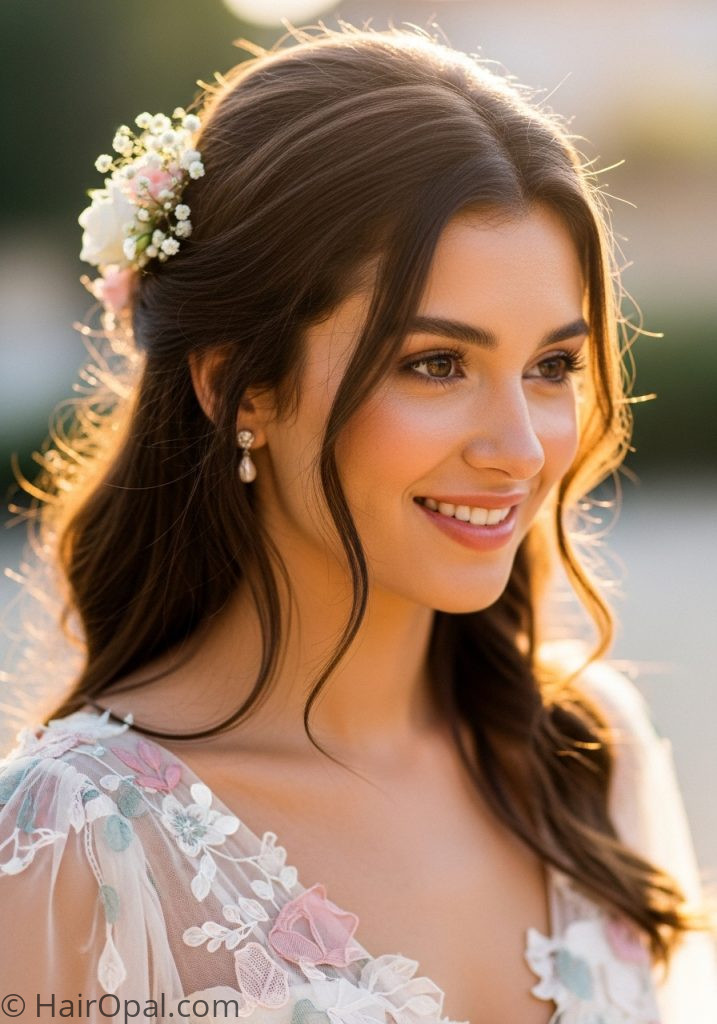 Young woman with brown hair half up flowers prom hairstyles half up half down brown medium easy