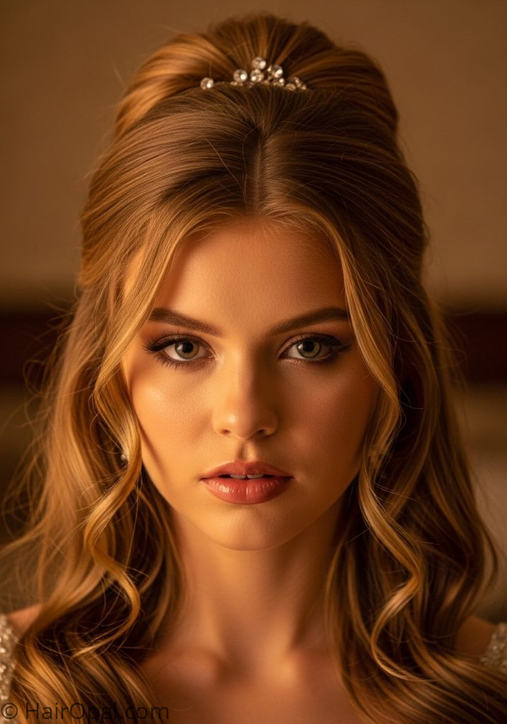 Young woman with half up bun curls prom hairstyles half up half down bun long hair