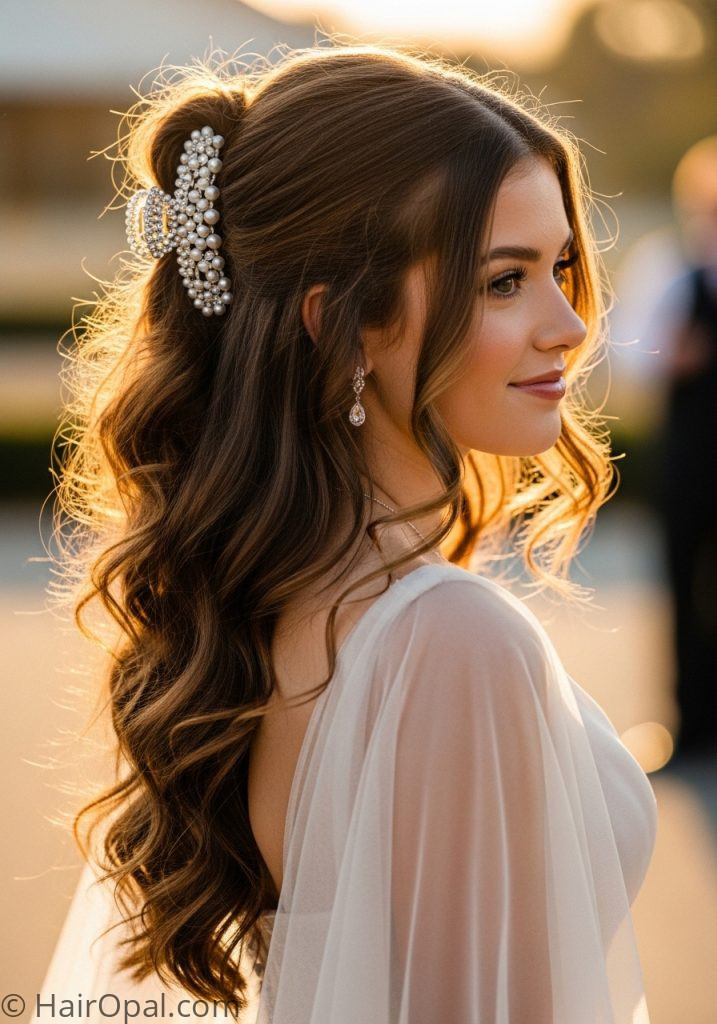 Young woman with claw clip half up curls prom hairstyles half up half down simple easy curly