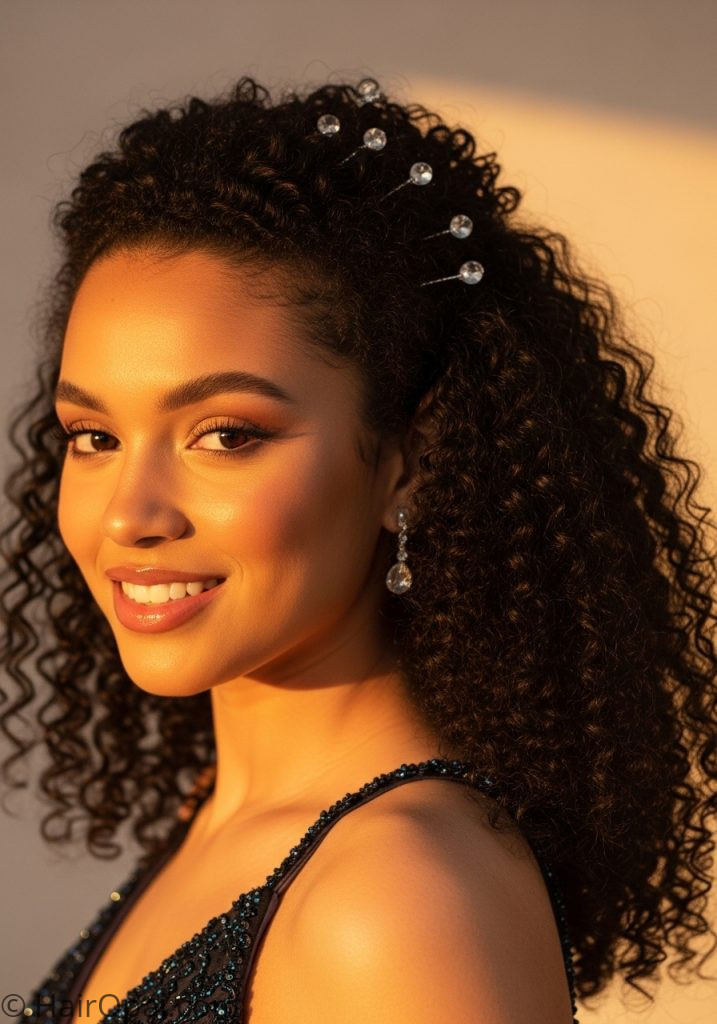 Young woman with curly black hair half up crystal pins prom hairstyles half up half down curly black