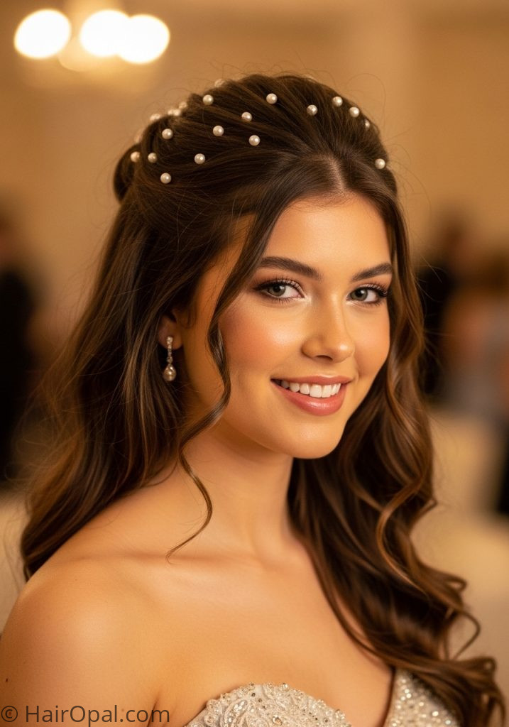 Young woman with soft half up pearl pins prom hairstyles half up half down long brown easy