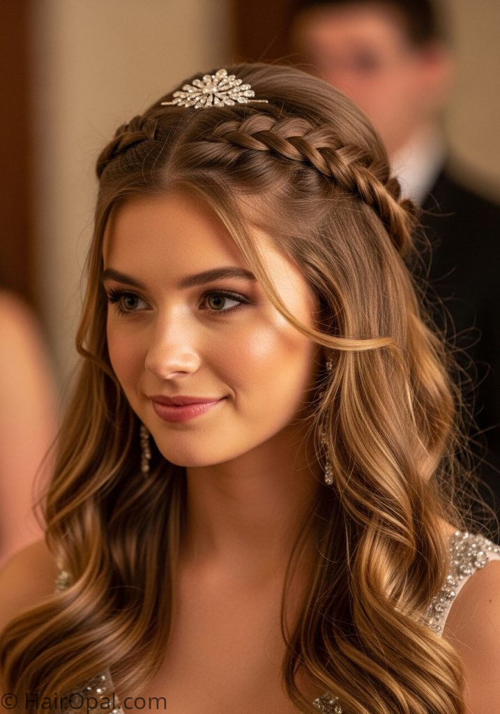 Young woman with rope twist half up prom hairstyles half up half down twist long hair easy