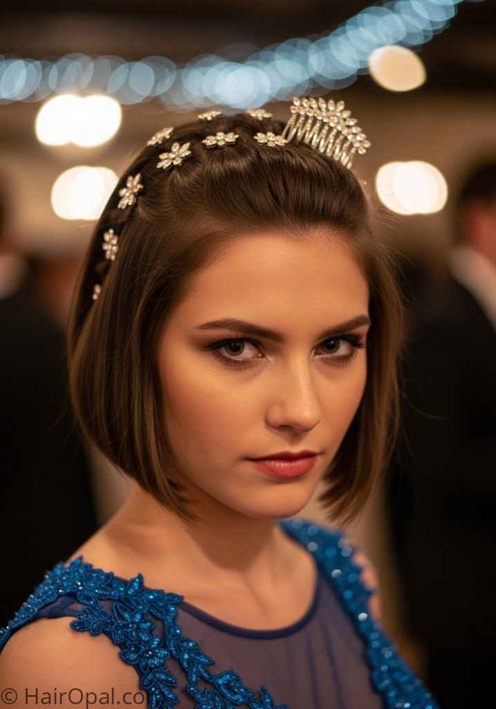 Young woman with short hair half up accessories prom hairstyles half up half down short hair easy