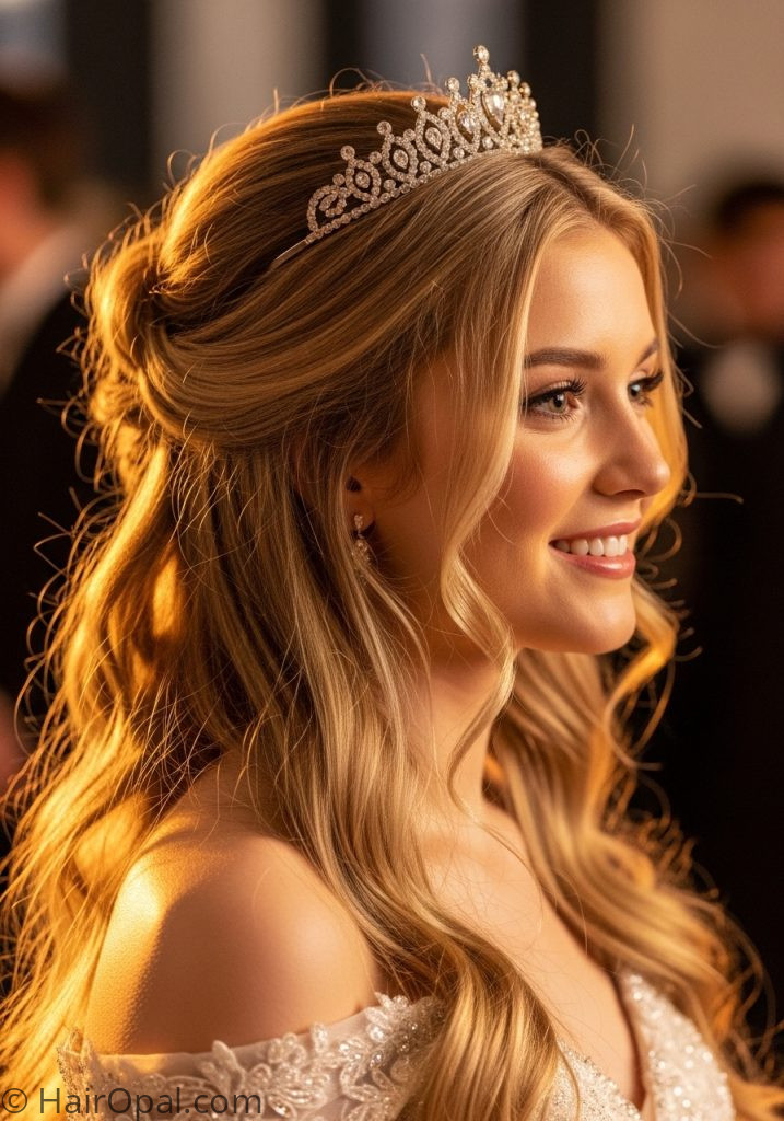 Young woman with blonde tiara half up prom hairstyles half up half down blonde long simple