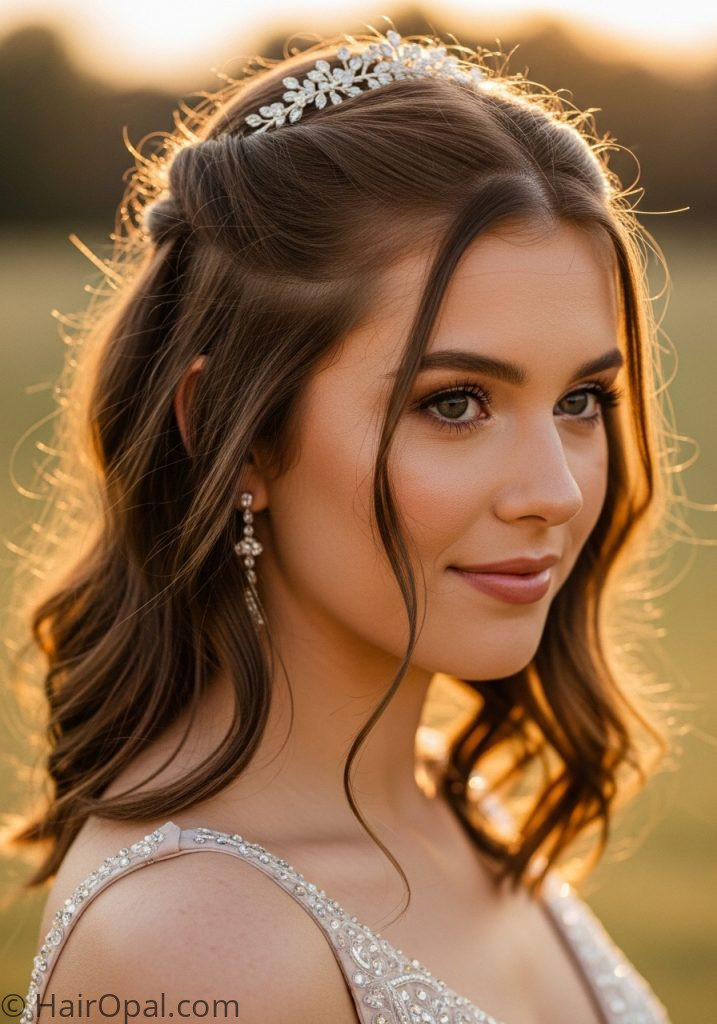 Young woman with twist half up crystal comb prom hairstyles half up half down twist medium simple easy