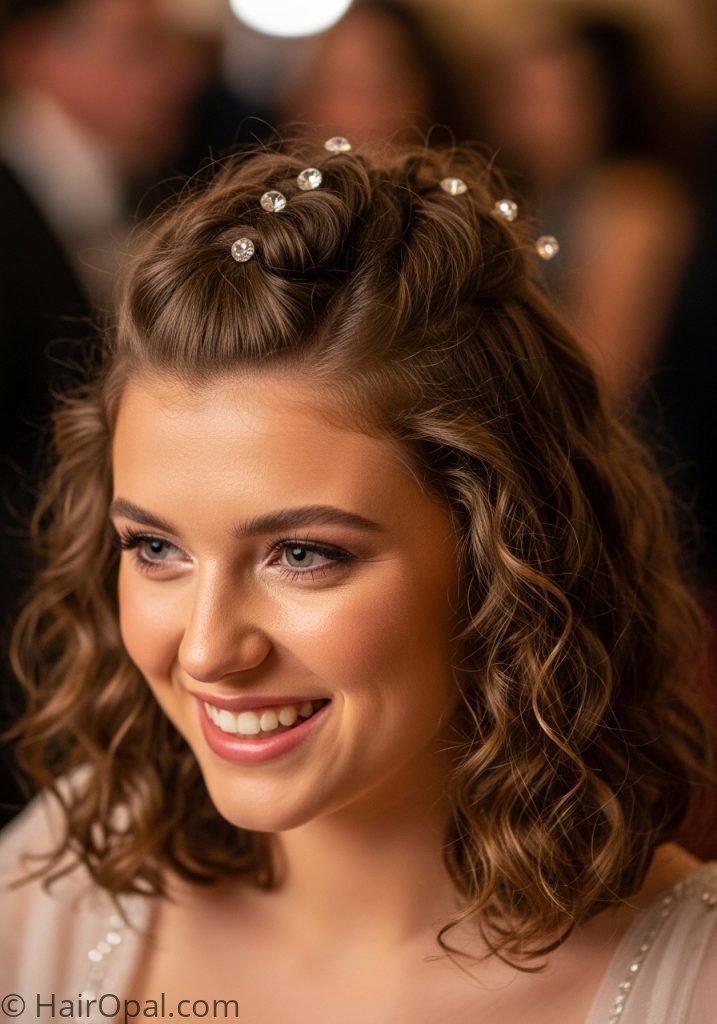 Young woman with twisted curly half up prom hairstyles half up half down curly twist medium