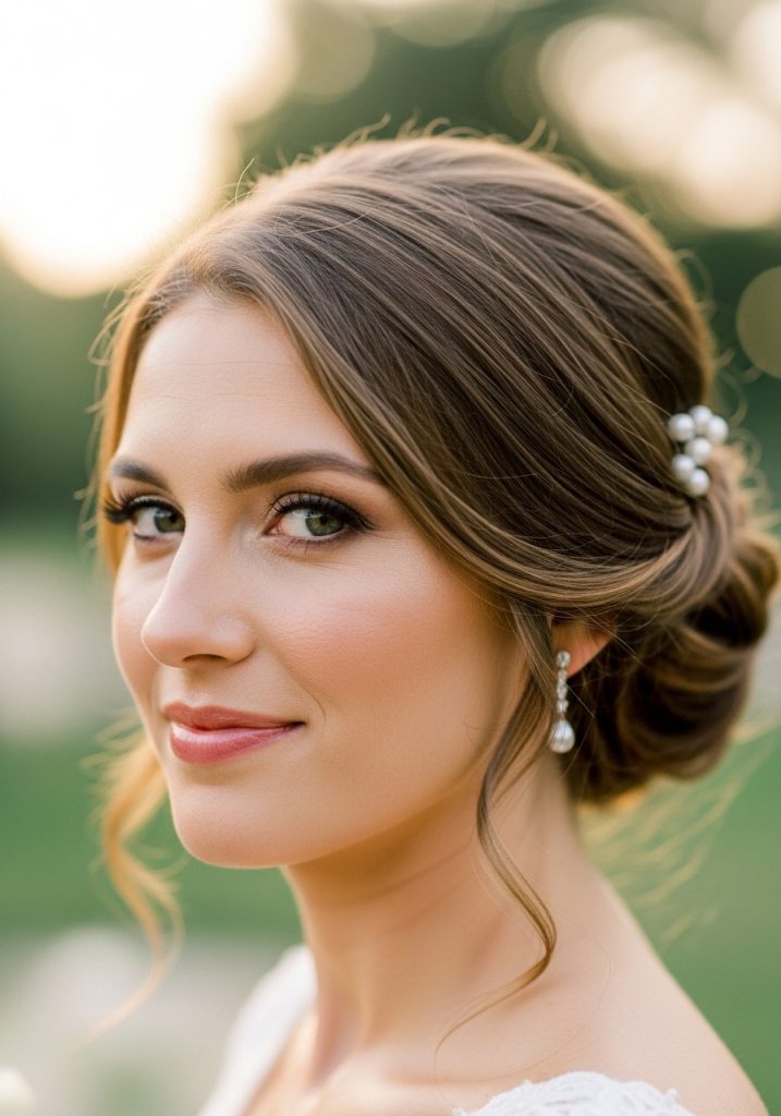 Bride with romantic low chignon updo hairstyle for wedding, elegant timeless look