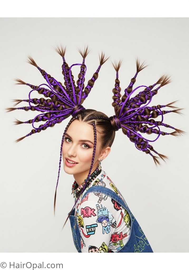 Woman with double Rumi braid pigtails hairstyle kids tutorial KPop