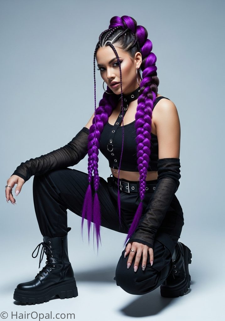 Woman with Rumi hairstyle dragon braid purple hair wax color tutorial