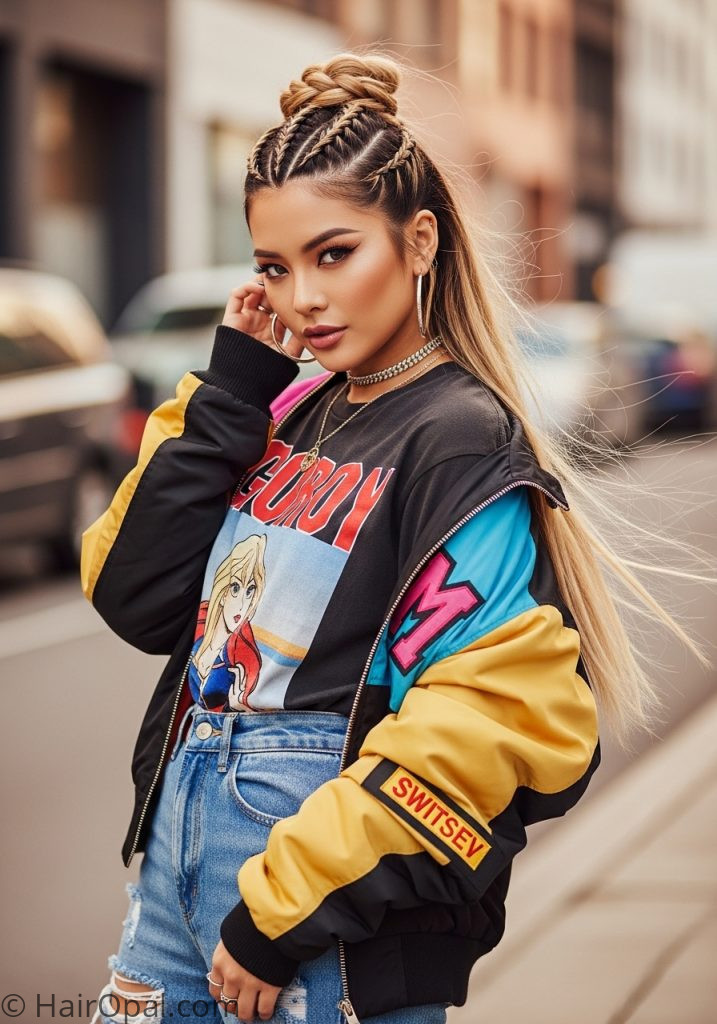 Woman with half up Rumi hairstyle braid crown tutorial easy