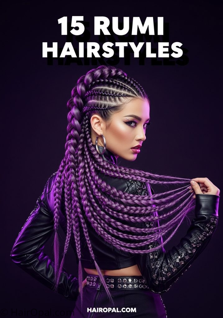 Woman with Rumi dragon braid hairstyle KPop Demon Hunters with text 15 rumi hairstyles