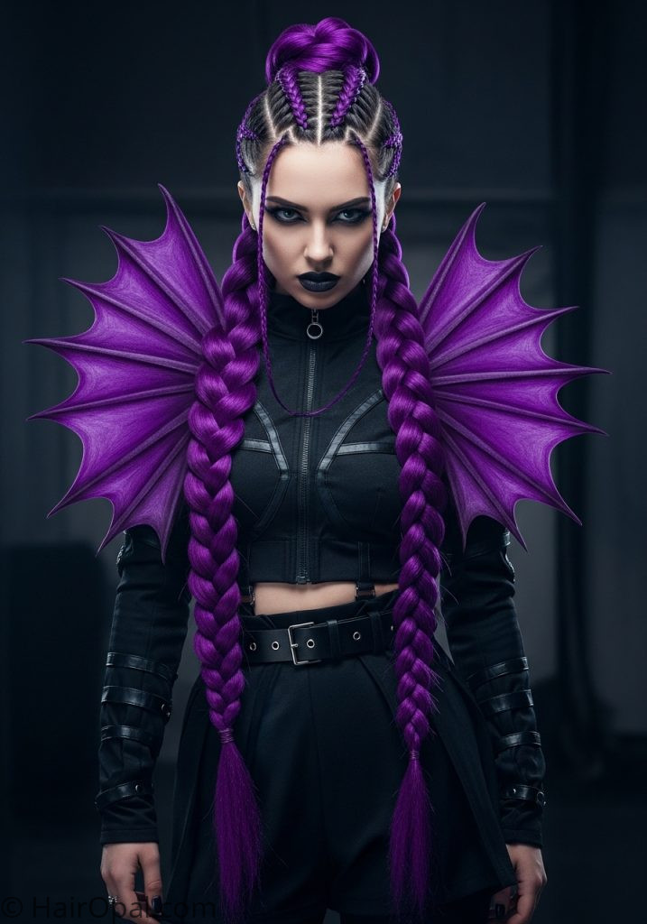 Woman with full purple Rumi hairstyle dragon braid KPop Demon Hunters color