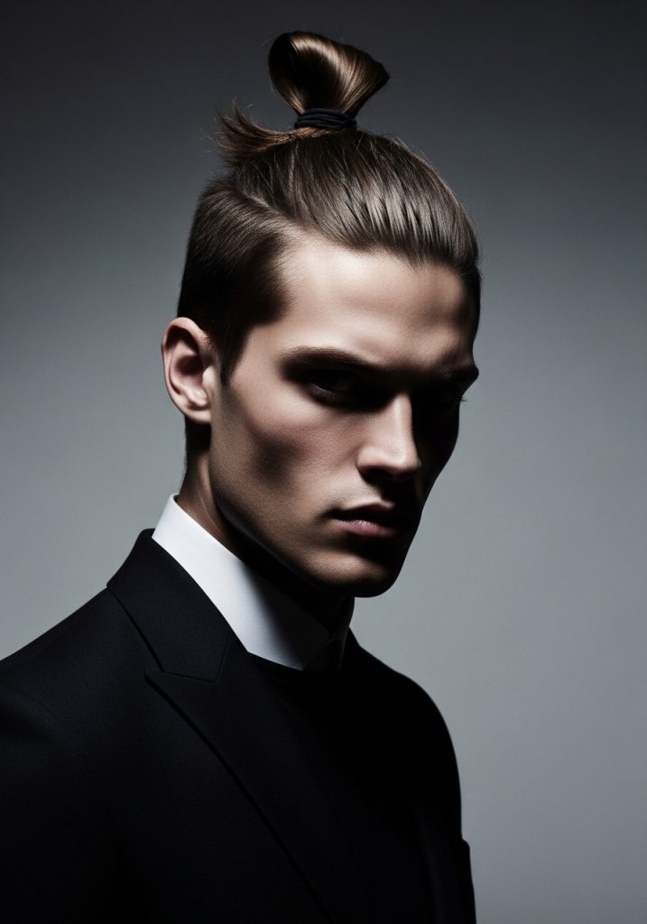  Man with samurai top knot gents long hair style, powerful dramatic look 2026