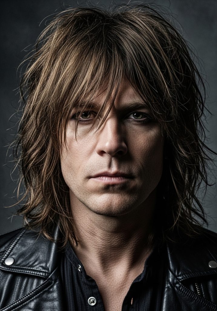 Man with shaggy rockstar gents long hair style, messy layered bold look 2026