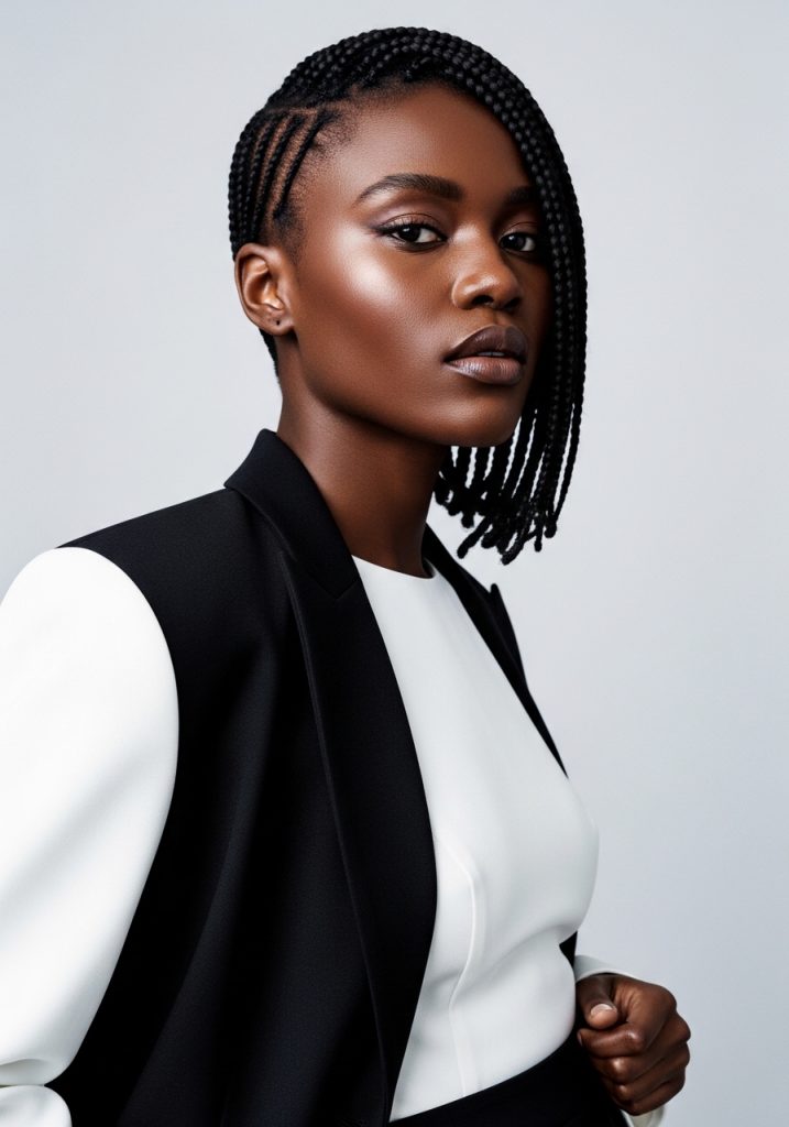 Woman with short braids hairstyle above shoulders, bold modern look