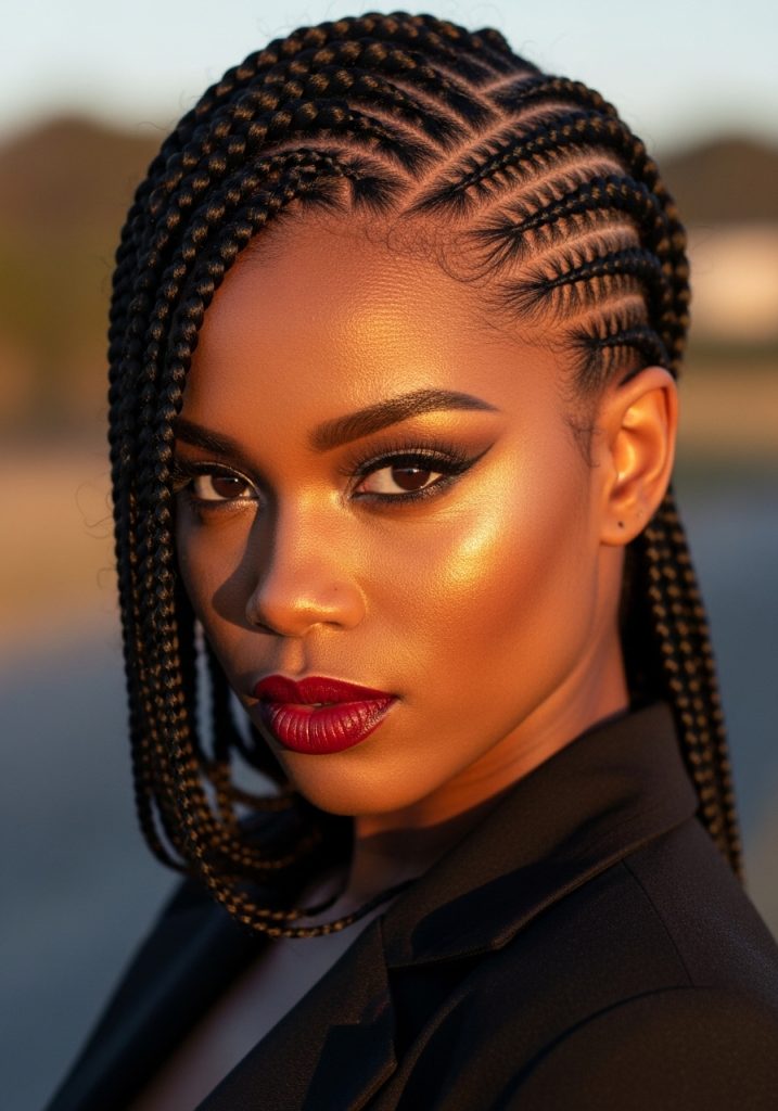 Black woman with side swept cornrow hairstyles, elegant and dramatic look