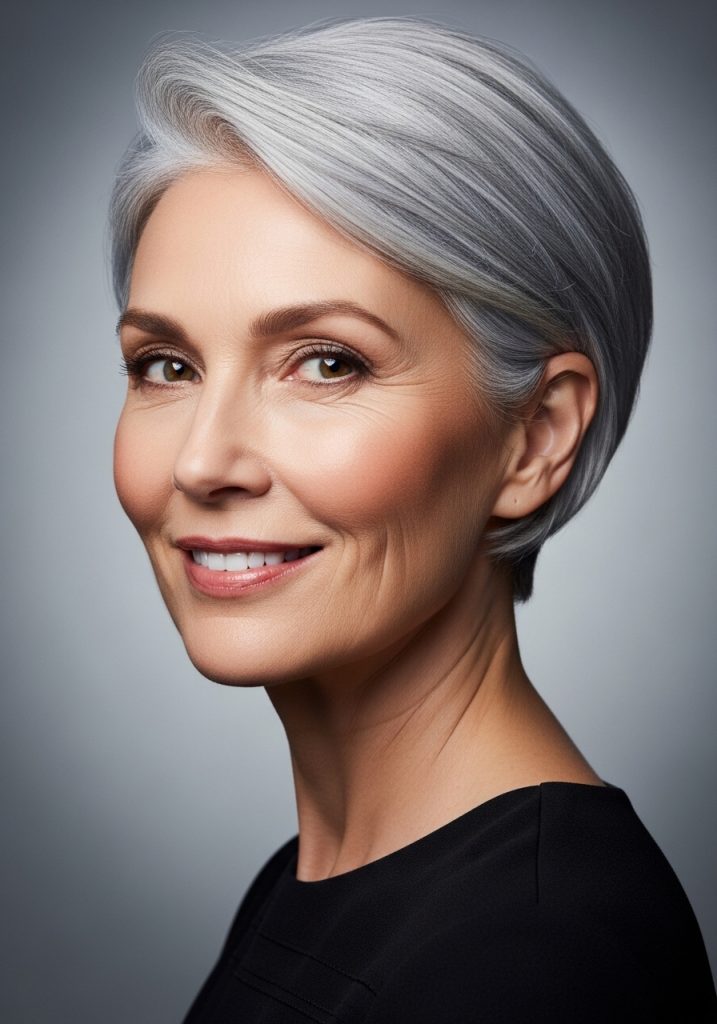 Older woman over 60 with silver pixie short haircut, elegant and confident look