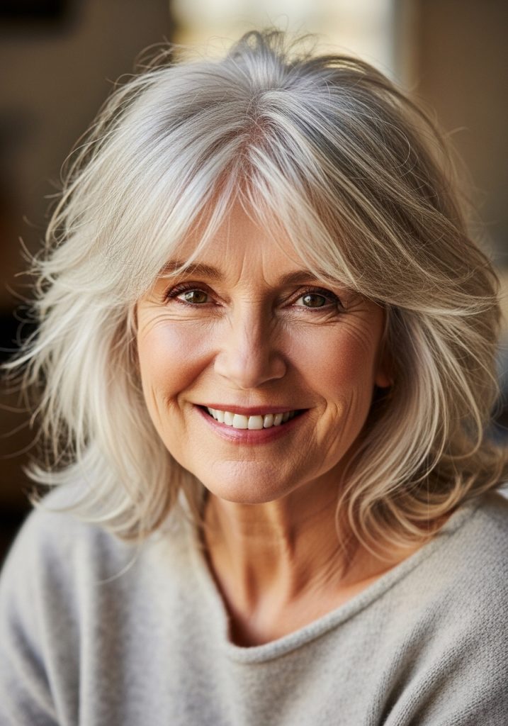 Older woman over 60 with soft silver shag short haircut, modern effortless look