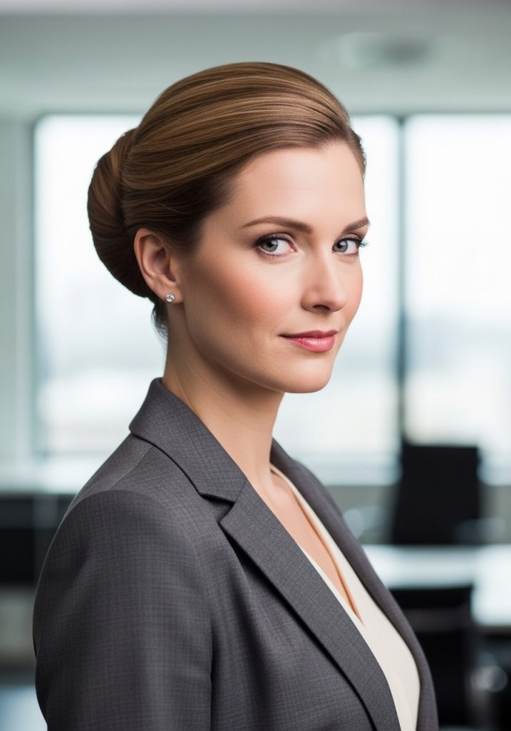 Woman with sleek French twist updo hairstyle for work, professional and polished look