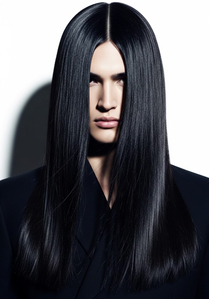 with sleek straight long hair over shoulders, polished gents long hair style 2026