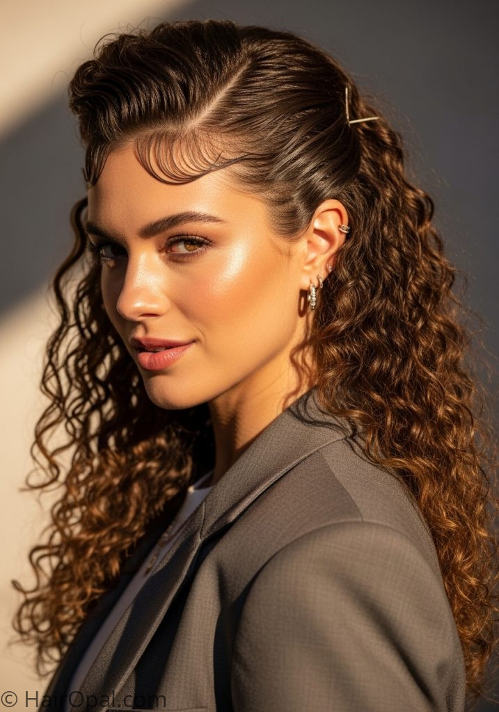  Woman with curly half up slick back slick back hairstyles curly hair half up half down