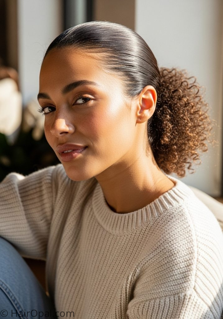  Woman with curly slick back low ponytail slick back hairstyles curly ponytail natural