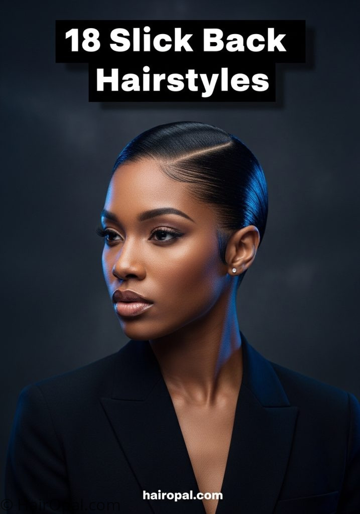  Black woman with slick back hairstyle edges laid with text 18 slick back hairstyles