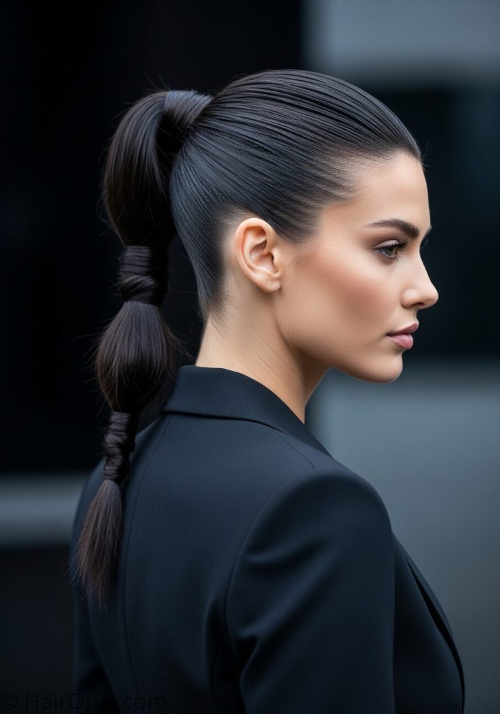 Woman with slick back high ponytail slick back hairstyles ponytail long hair easy