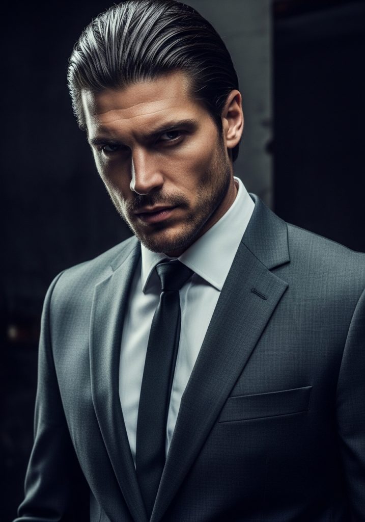Man with slicked back gents long hair style, powerful sophisticated formal look 2026