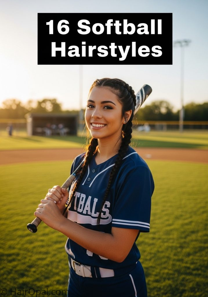Softball player with Dutch braids on game day with text 16 game day hairstyles