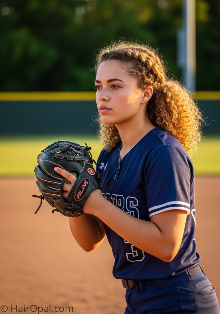  Braided crown hairstyle for softball players with curly hair
