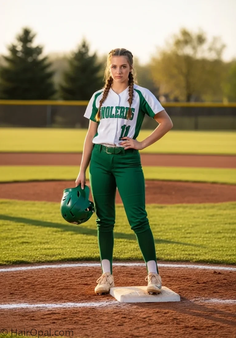 Girl in softball uniform with Dutch braid hairstyle on game day