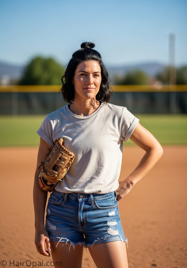 Half up twisted knot hairstyle for softball short hair