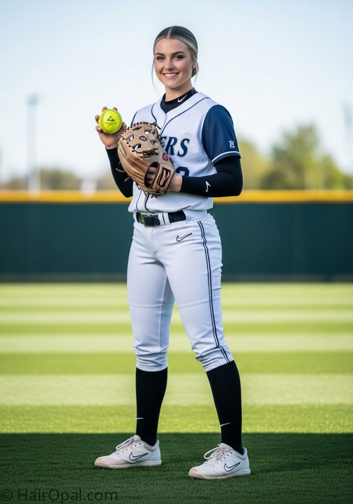 Sleek low bun softball hairstyle for picture day