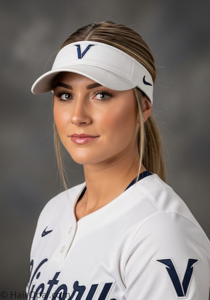 Middle part sleek ponytail softball hairstyle for long hair