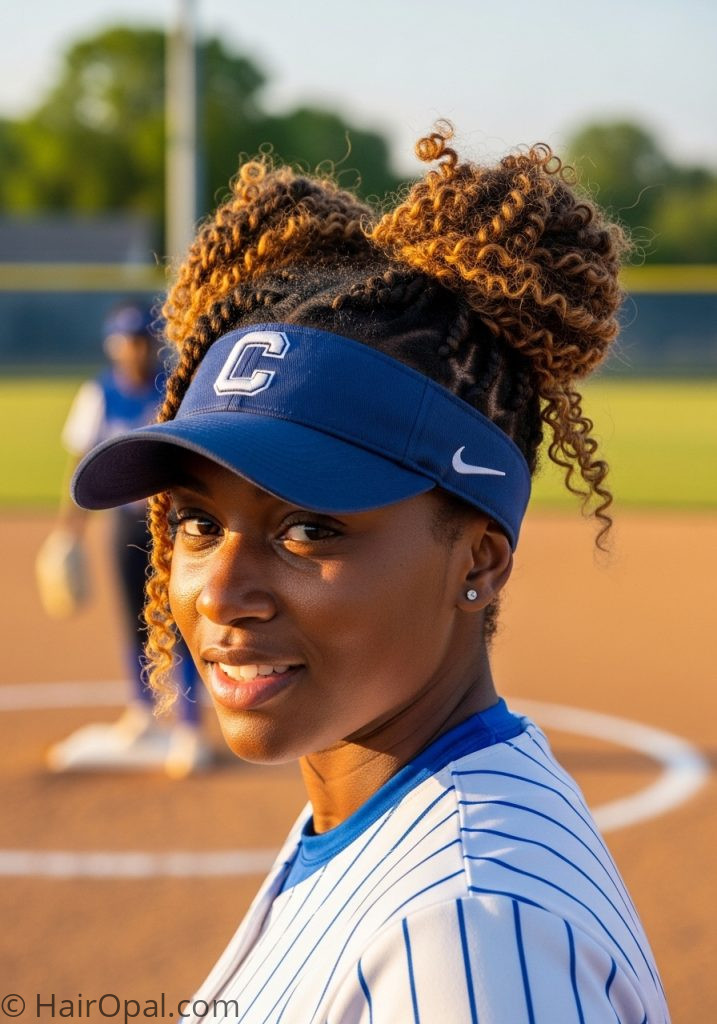  Twisted space buns softball hairstyle for curly natural hair