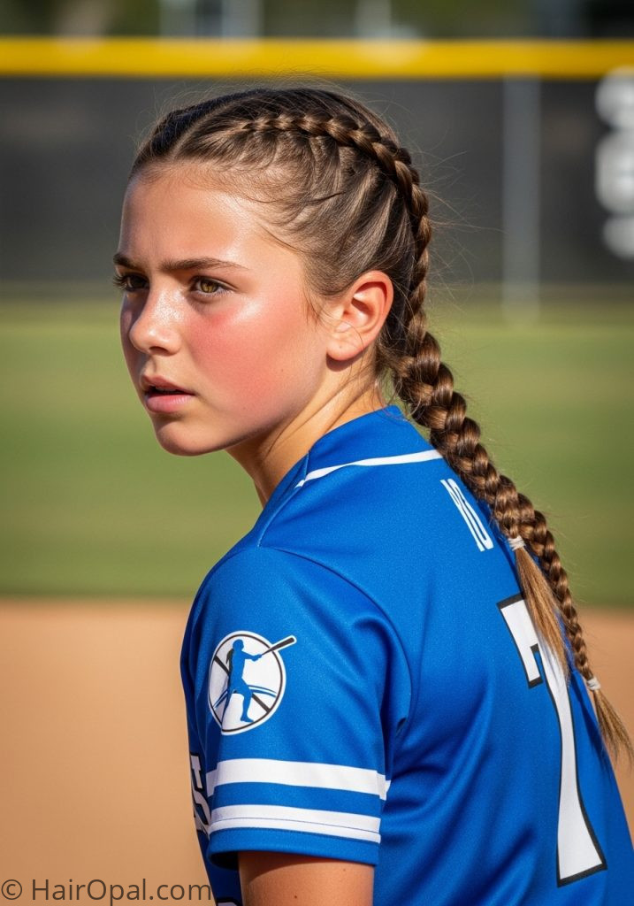 Two French braids softball hairstyle for long hair