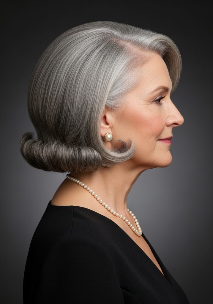 Older woman with stacked bob short haircut for thin hair, volume at the back look