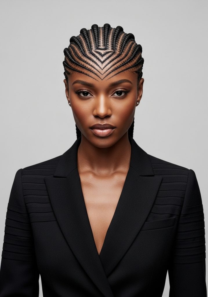 Woman with stitch braids hairstyle, precise geometric horizontal lines along cornrows 
