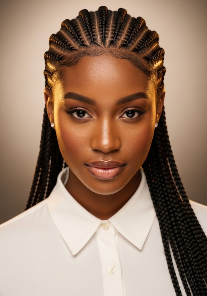 Black woman with classic straight back cornrow hairstyles, neat and beautiful