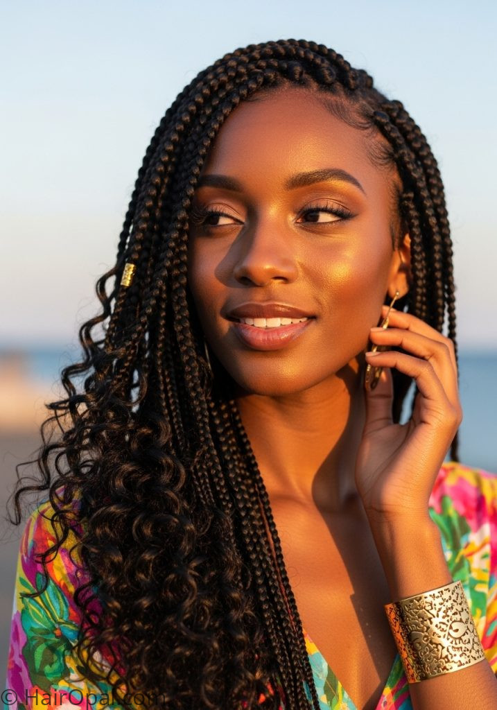 Black woman with boho knotless braids summer summer hairstyles for black women braids easy
